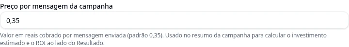Configuração real: Preço por mensagem da campanha