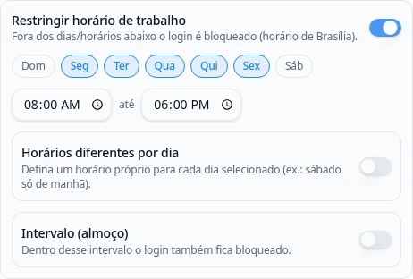 Configuração real: Controle de jornada por dia e horário