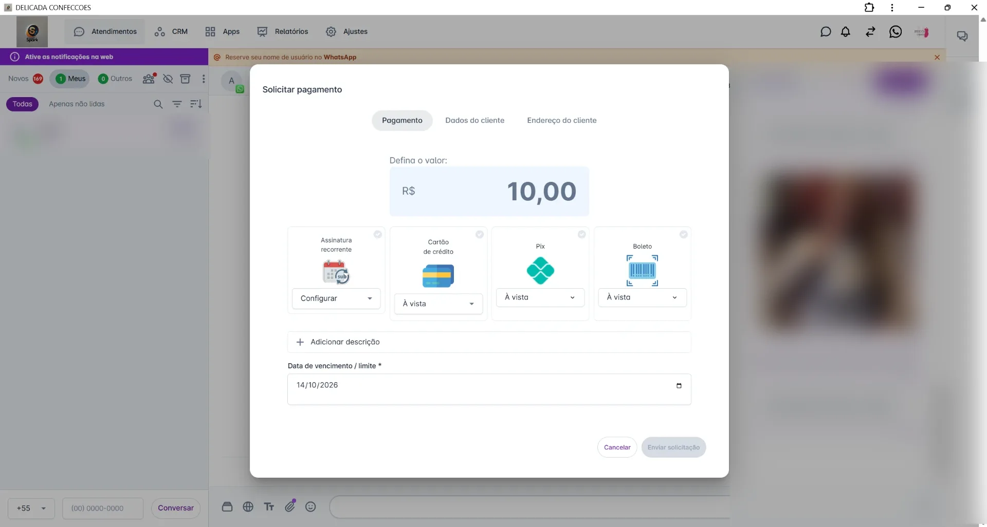 Configuração real: Cobrança dentro da conversa